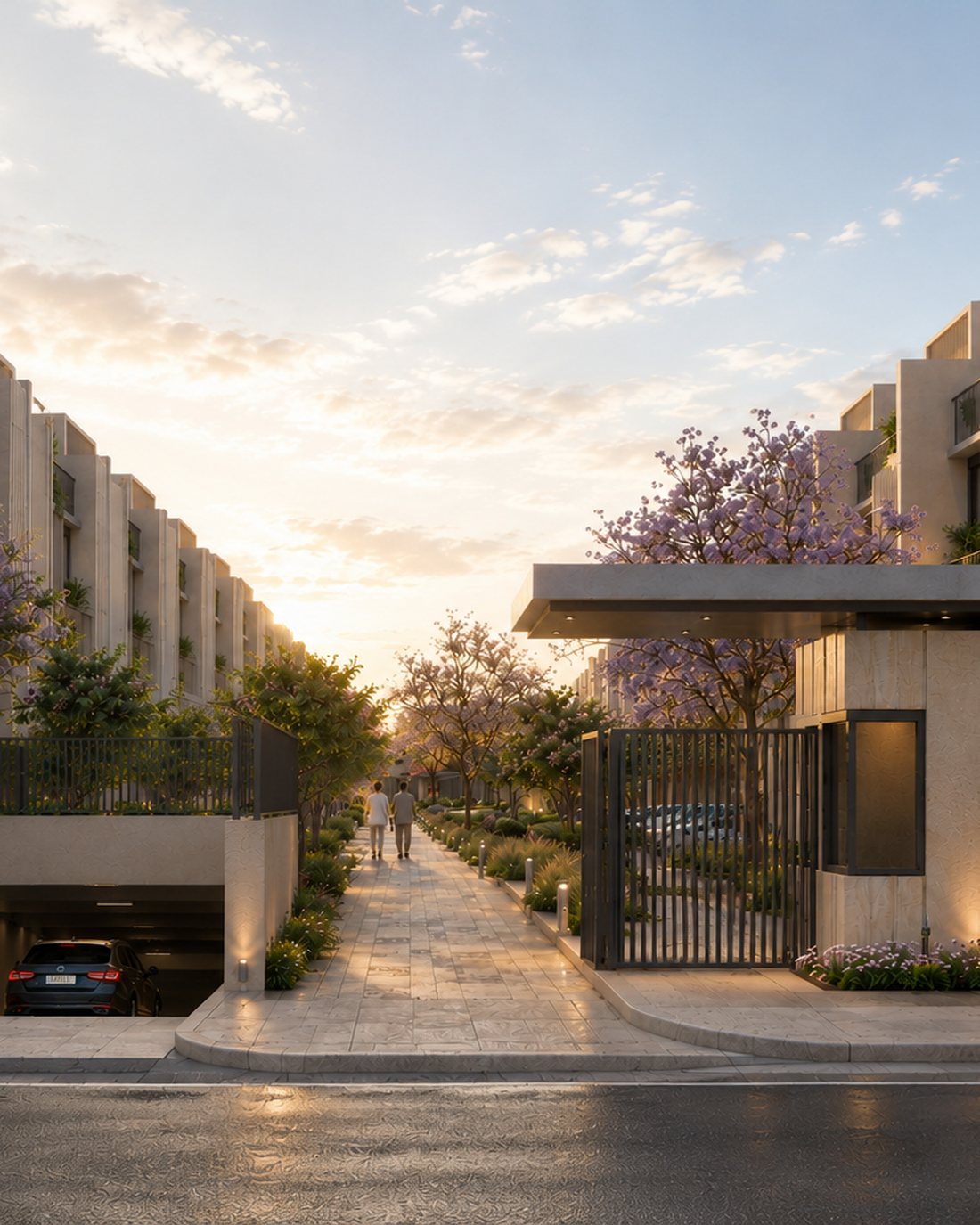 A landscaped residential promenade at sunset, mature trees and a lit walking axis