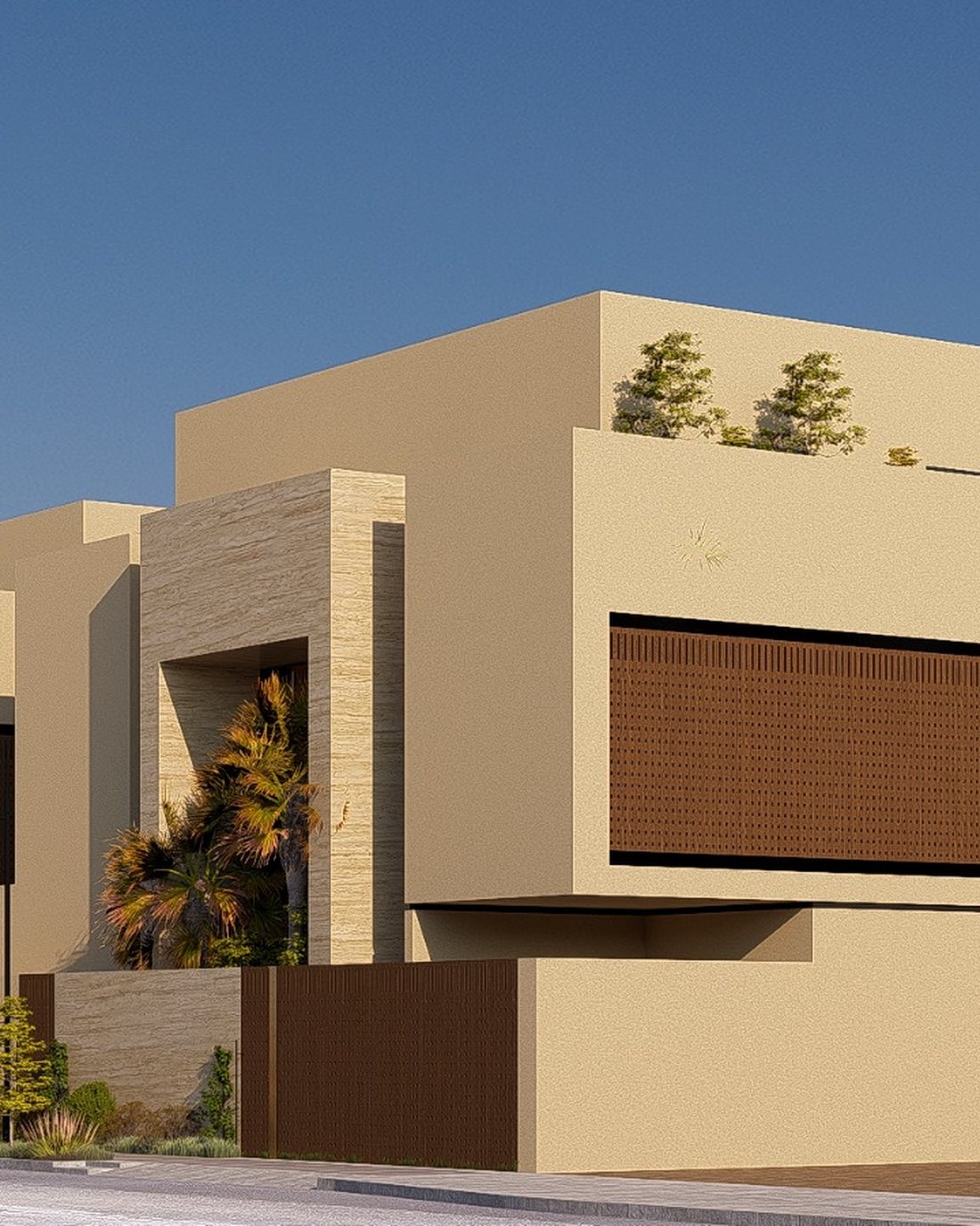 A close view of a residential corner mass — stone, bronze screening and deep window reveals