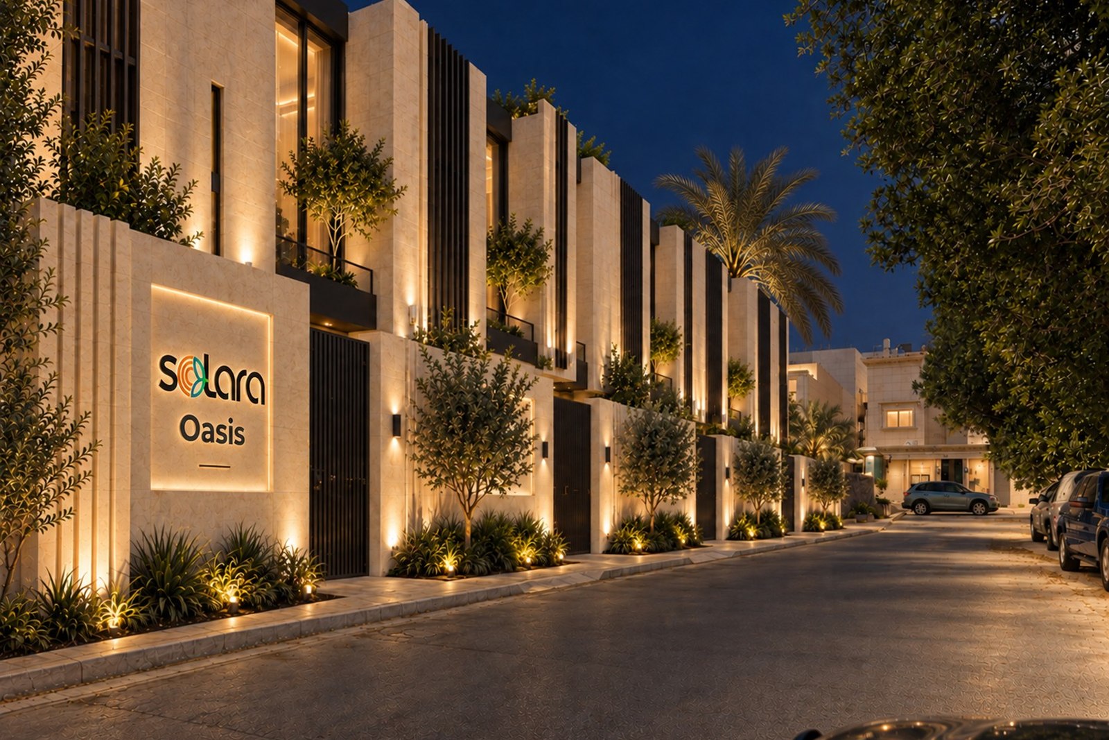 A Solara residential frontage at dusk with the engraved SOLARA entrance marker