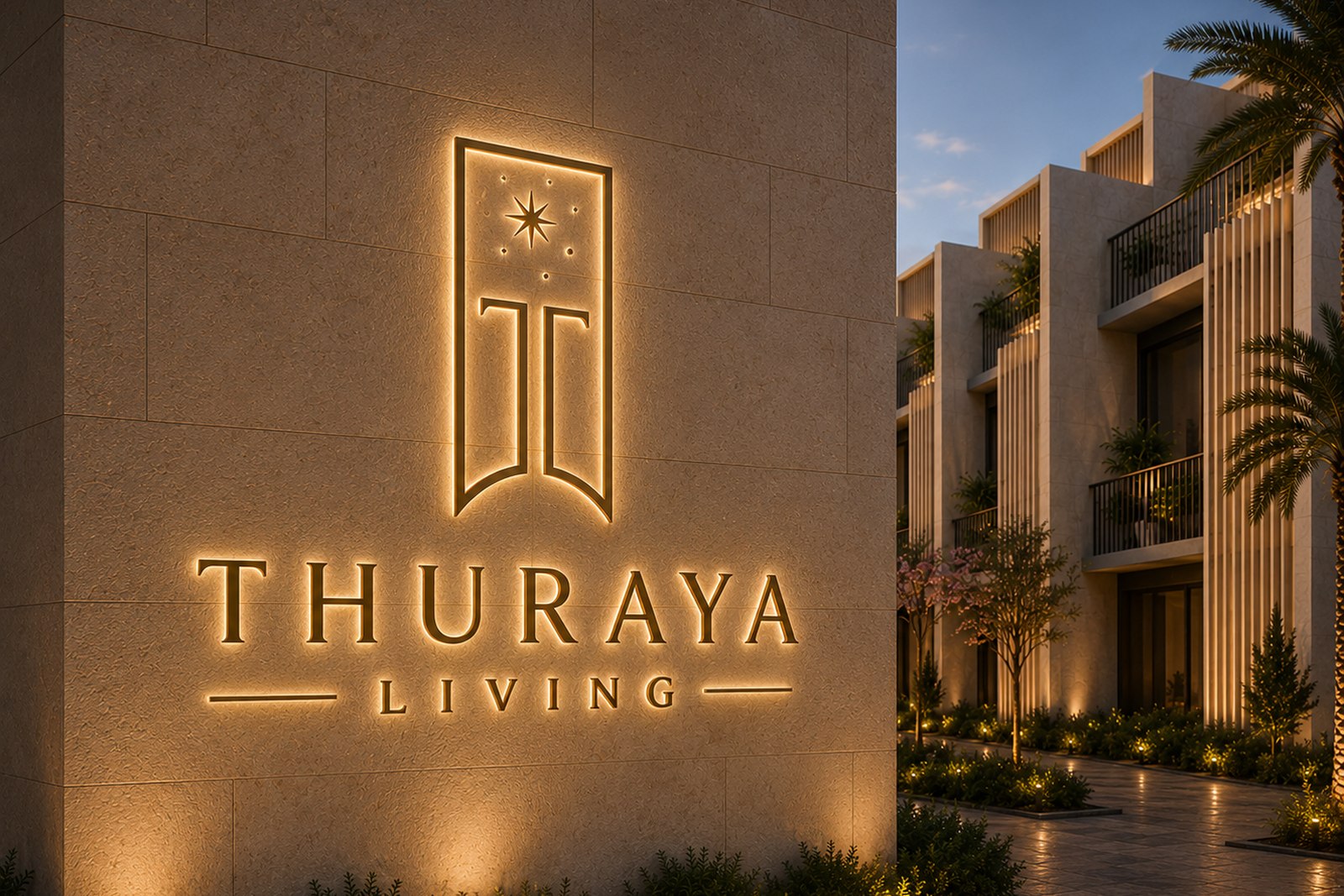 The illuminated Thuraya Living monument wall at dusk against a stone residential facade