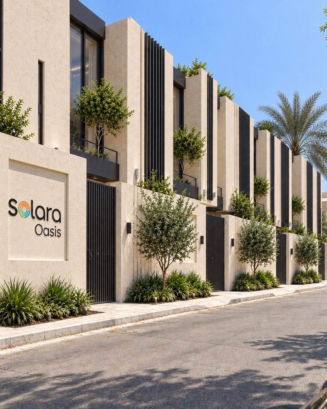 Solara Oasis — the SOLARA entrance marker and landscaped street elevation by afternoon light