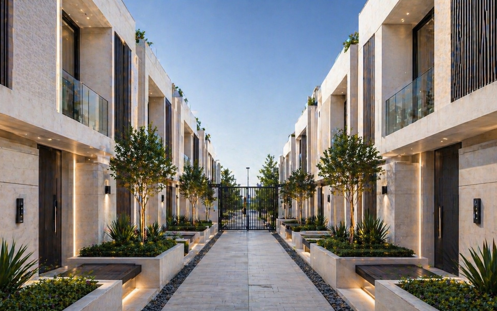 Solara Valley — a dusk residential courtyard with a landscaped water axis leading to the gate