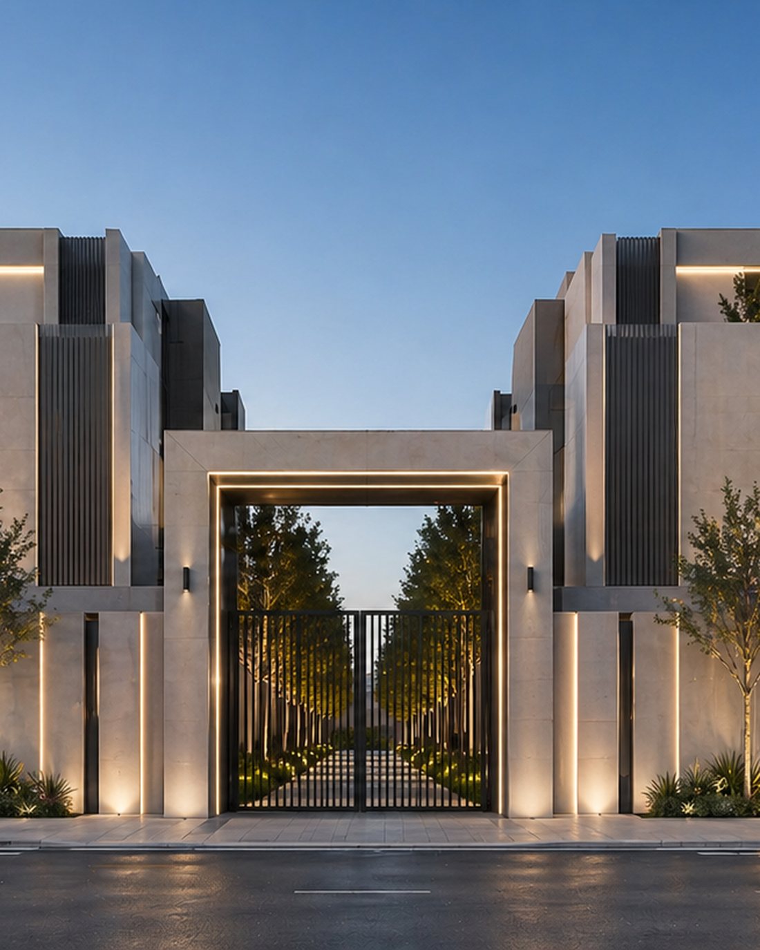 Solara Valley — the symmetrical front elevation at dusk