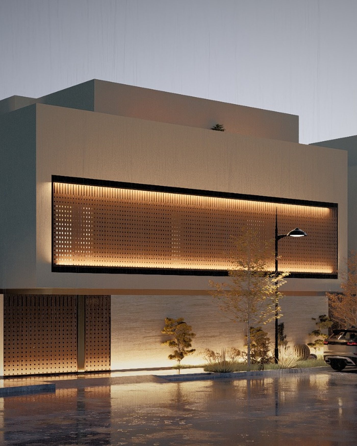 A residential building under evening light showing structure and material assembly