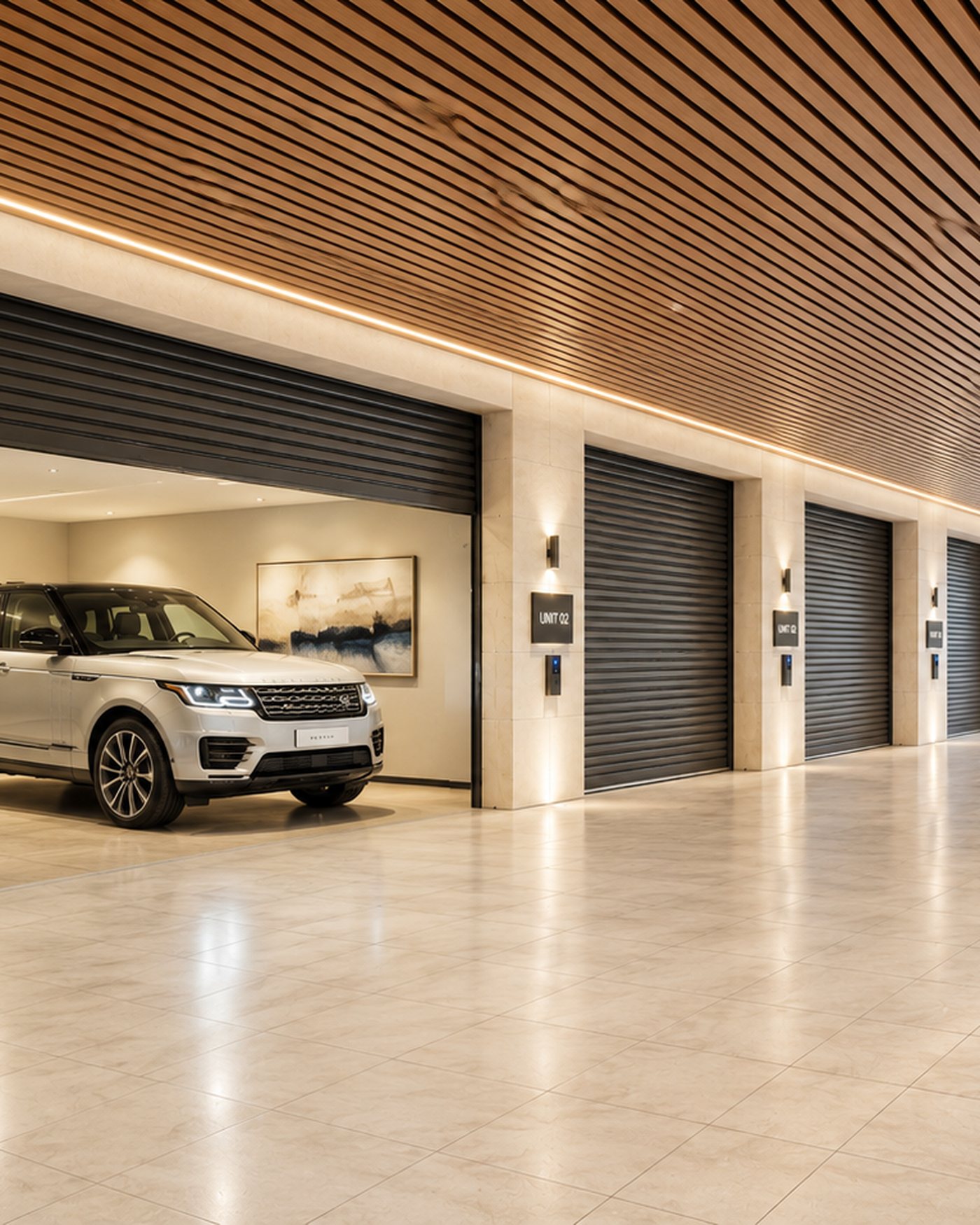 A residential parking gallery with unit signage and a warm timber ceiling