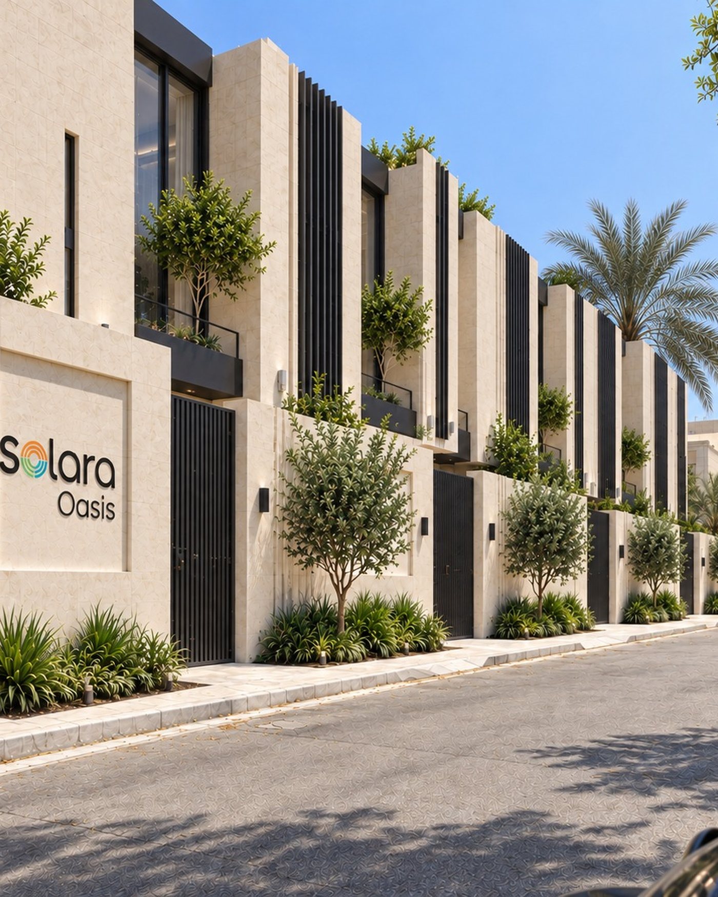 A Solara residential street by afternoon light